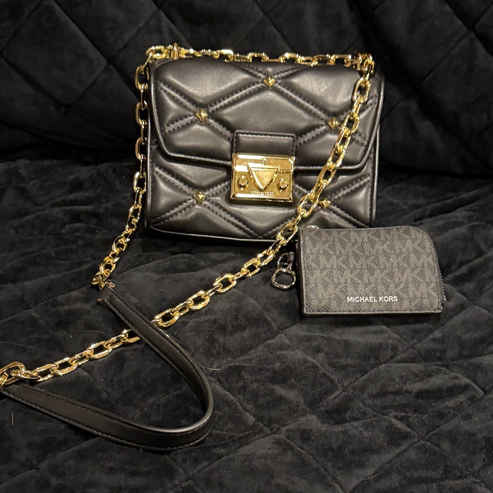 Michael Kors Black Quilted Crossbody Bag with Gold Chain